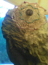 Load image into Gallery viewer, Beaded WireKippah with Pink and Blue beadng and a vintage button, resting atop a white sculpture.