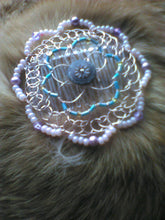 Load image into Gallery viewer, "Best of Both Worlds" Pink and Blue Beaded Wire Kippah/Yarmulke with pink and purple beading around the perimeter. The kippah is shon atop  short, fuzzy orange hair (my cat posed for this:)