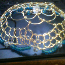 Load image into Gallery viewer, Malkhut Shekhinah Kippah, Gold and Blue Yarmulke, Lightweight Wire Kippah with Beading