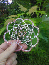 Load image into Gallery viewer, Rose Gold Wire Kippah with translucent focal, pink pearls, white and silver bugle beads and pink Czech glass beads