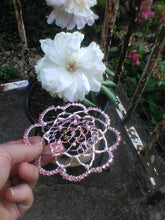 Load image into Gallery viewer, Rose Gold Wire Kippah with translucent focal, pink pearls, white and silver bugle beads and pink Czech glass beads