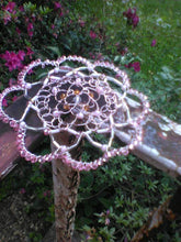 Load image into Gallery viewer, Rose Gold Wire Kippah with translucent focal, pink pearls, white and silver bugle beads and pink Czech glass beads