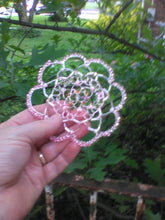 Load image into Gallery viewer, Rose Gold Wire Kippah with translucent focal, pink pearls, white and silver bugle beads and pink Czech glass beads