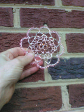 Load image into Gallery viewer, Rose Gold Wire Kippah with translucent focal, pink pearls, white and silver bugle beads and pink Czech glass beads