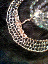 Load image into Gallery viewer, Crystal and Silver tol kippah on grey brown hair