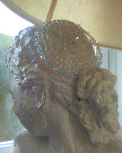 Load image into Gallery viewer, Silver and blue crystal kippah on bust wth a lamp in the background