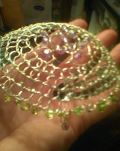 Load image into Gallery viewer, Purple and green beaded kippah resting in palm of hand