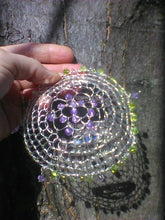Load image into Gallery viewer, Purple and green beaded silver wire kippah of spring colors