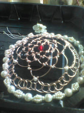 Load image into Gallery viewer, MADE TO ORDER  Cherry Blossom Kippah Rose Gold Beaded Wire Yarmulke w miniature pearls and burgundy crystals plus repurposed beads