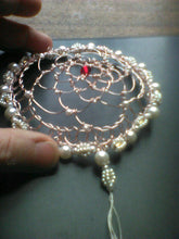 Load image into Gallery viewer, MADE TO ORDER  Cherry Blossom Kippah Rose Gold Beaded Wire Yarmulke w miniature pearls and burgundy crystals plus repurposed beads