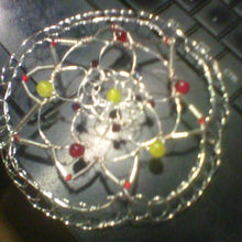 Load image into Gallery viewer, Daffodil yellow and tulip inspired colors of Czech glass beads on  silver bugle beads and silver wire.form this nature inspired kippah. Shown on a keyboard.