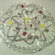 Load image into Gallery viewer, Daffodil yellow and tulip inspired colors of Czech glass beads on  silver bugle beads and silver wire.form this nature inspired kippah.