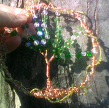 Load image into Gallery viewer, Tree of Life Wall Hanging with green crystals on copper, silver, gold wire