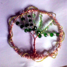Load image into Gallery viewer, Copper, gold and silver wires form this sculptural wall hanging, with its combo of large and small green crystal and glass beading. About 6
inches high x 6in. wide