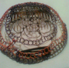 Load image into Gallery viewer, Brown, purple and orange coated copper wire is repurposed for a kippah