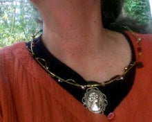 Load image into Gallery viewer, Wear this to enhance all your Renaissance looks! Features a silver cameo and repurposed glass beading on gold wire. Can also be worn as a hair ornament in an updo! When not wearing, display proudly:)