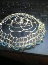 Load image into Gallery viewer, Silver and blue crystal beaded wire kippah on computer keyboard