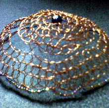 Load image into Gallery viewer, Closeup of copper/purple/seed bead kippah on grey background