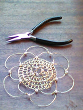 Load image into Gallery viewer, Custom made flower kippah in gold wire with faux pearls. Also available in silver.