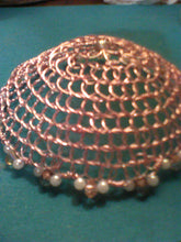 Load image into Gallery viewer, Rose gold beaded wire kippah with peachy pink and pearl beading on blue