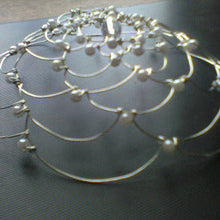 Load image into Gallery viewer, Silver and pearl wire kippah with crystal focal on black backound