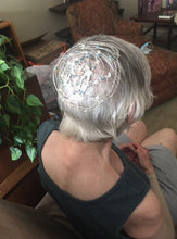 Load image into Gallery viewer, Teal and Silver Kippah on Woman's Head, Left  Side View,
