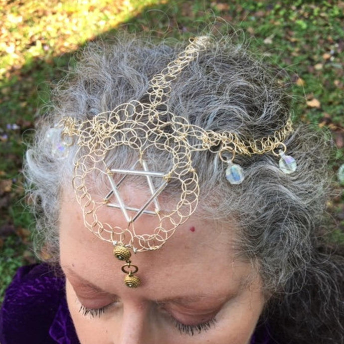 Silver and gold headdress style kippah  featuring silver Magen David and gold dangle charms as well as translucent crystal charms on gold wire.