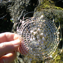 Load image into Gallery viewer, silver, pearl and crystal kippah in front of tree trunk