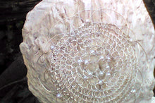 Load image into Gallery viewer, closeup of silver, pearl and crystal flower kippah
