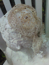 Load image into Gallery viewer, Gold wire and vintage lace kippah with brown/mauve central bead , repurposed charm at the nape of the neck, and tiny gold beading