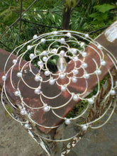 Load image into Gallery viewer, Silver and pearl wire kippah with crytal focal on rusty railing