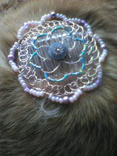 Load image into Gallery viewer, &quot;Best of Both Worlds&quot; Pink and Blue Beaded Wire Kippah/Yarmulke with pink and purple beading around the perimeter. The kippah is shon atop  short, fuzzy orange hair (my cat posed for this:)
