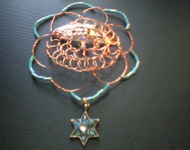 SOLD OUT AT CRAFT SHOW Copper and Blue Beaded Wire Flower Kippah with Repurposed Star Charm