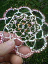 Load image into Gallery viewer, Rose Gold Wire Kippah with translucent focal, pink pearls, white and silver bugle beads and pink Czech glass beads
