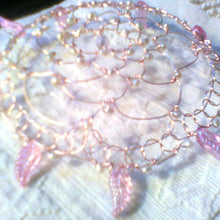 Load image into Gallery viewer, Shechinah wings kippah made with rose gold wire, real freshwater pearls, a moonstone focal and glass wings
