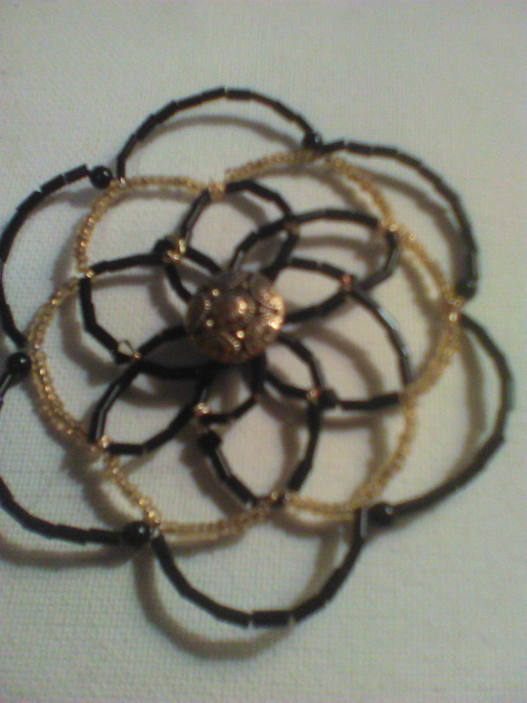 Lightweight Black and Gold Beaded Wire Kippah with Gold Button