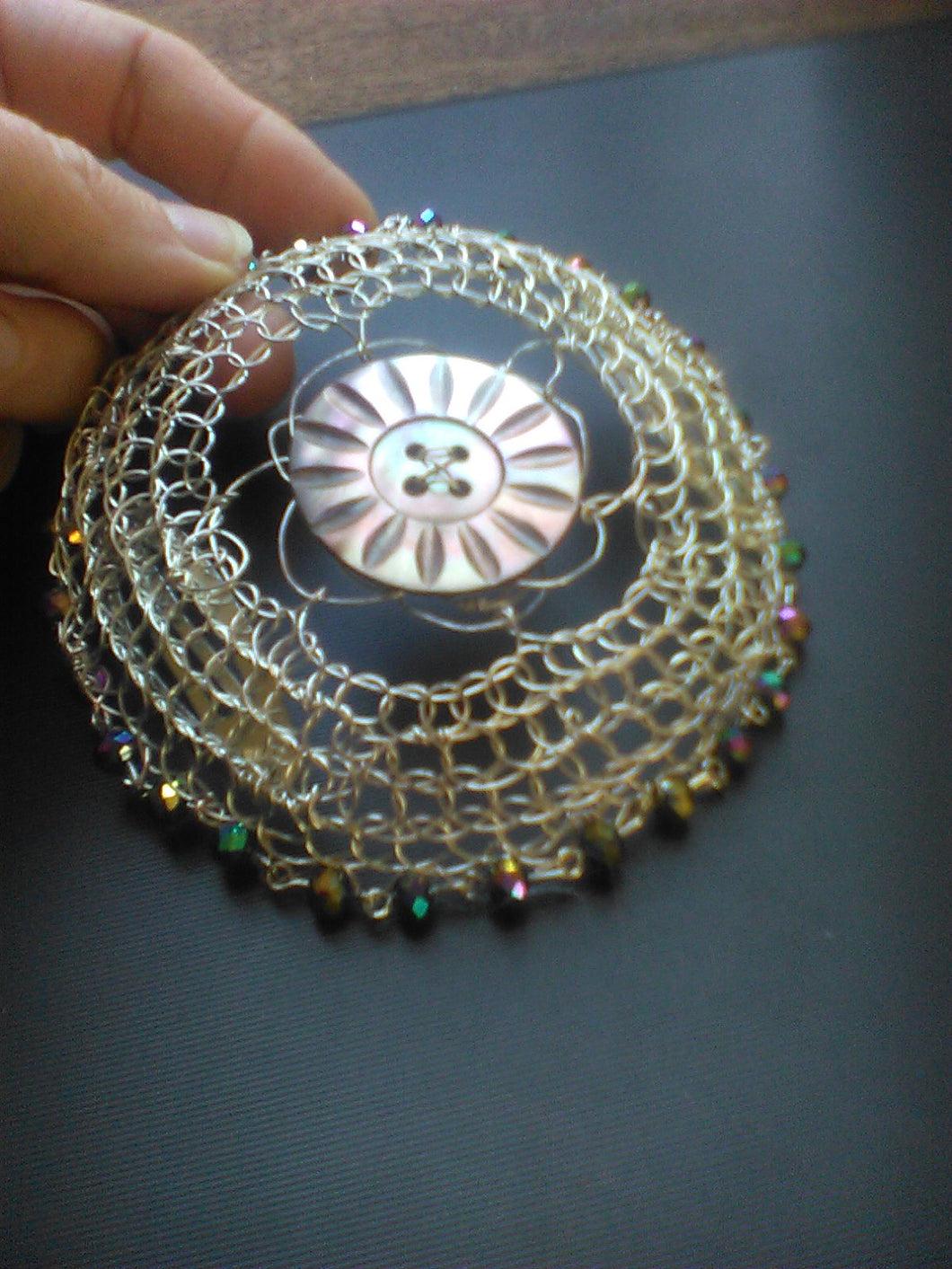 Mermaid Shimmer Kippah with vintage silver button and rainbow beads