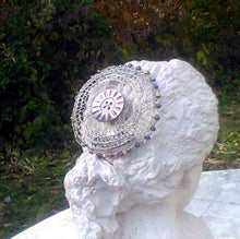Load image into Gallery viewer, Mermaid Shimmer Kippah with vintage silver button and rainbow beads
