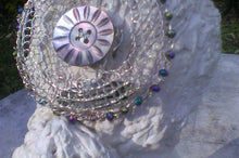 Load image into Gallery viewer, Silver and Mother of Pearl Mermaid Kippah with vintage mother of pearl button rainbow/multi glass beads. Displayed on plaster model. Closeup view.
