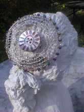 Load image into Gallery viewer, Silver and Mother of Pearl Mermaid Kippah with vintage mother of pearl button rainbow/multi glass beads. Displayed on plaster model.
