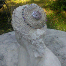 Load image into Gallery viewer, Silver and Mother of Pearl Mermaid Kippah with vintage mother of pearl button rainbow/multi glass beads. Displayed on plaster model.
