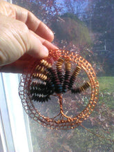 Load image into Gallery viewer, Beaded Copper Wire Kippah Autumn Mix Tree of Life Woman Yarmulke with wooden beading
