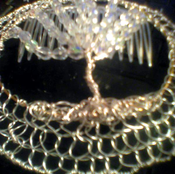Crystal and Silver Wire Tree of Life Kippah on keyboard