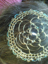 Load image into Gallery viewer, Silver and blue beaded kippah on hair
