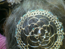 Load image into Gallery viewer, Silver and blue crystal kippah on back of head
