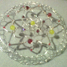Load image into Gallery viewer, Daffodil yellow and tulip inspired colors of Czech glass beads on  silver bugle beads and silver wire.form this nature inspired kippah.
