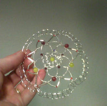Load image into Gallery viewer, Daffodil yellow and tulip inspired colors of Czech glass beads on  silver bugle beads and silver wire form this nature inspired kippah.
