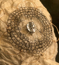 Load image into Gallery viewer, Silver, gold and black wire flower kippah with button focal
