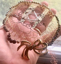 Load image into Gallery viewer, Black, gold and silver beaded wire kippah with repurposed gold and crystal pin
