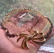 Load image into Gallery viewer, Black, gold and silver beaded wire kippah with repurposed gold and crystal pin
